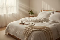 Calm morning scene with light pouring into a room, tea, journal, and soft linens representing sustainable self-care routine
