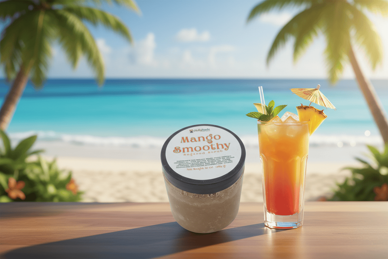 Jar of Mango Smoothy Sugared Scrub with a  white label in a tropical setting