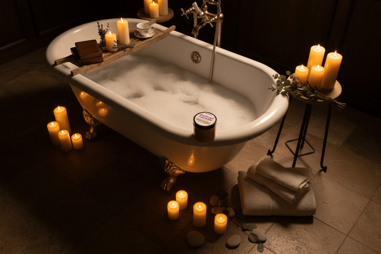 Jar of Patchouli Lavender sugar scrub with a white label on a white background