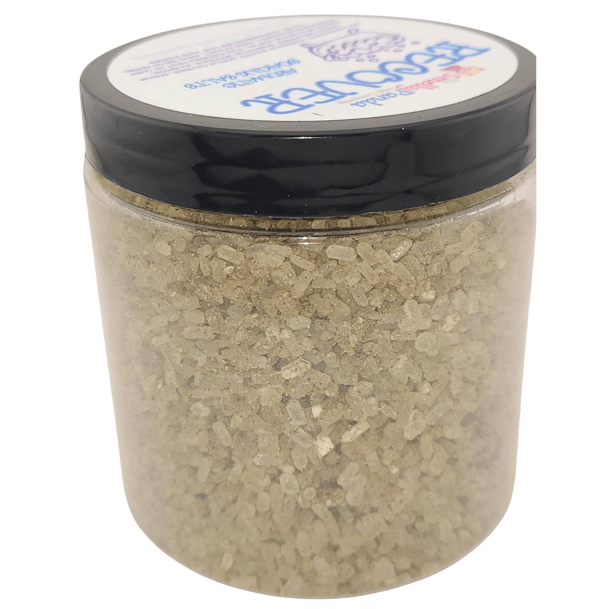 Clear jar with black lid containing a light brown powder on a white background