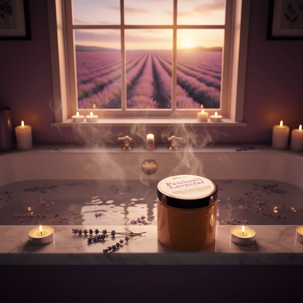 Jar of Patchouli Lavender Sugared Scrub with a white label on a green background