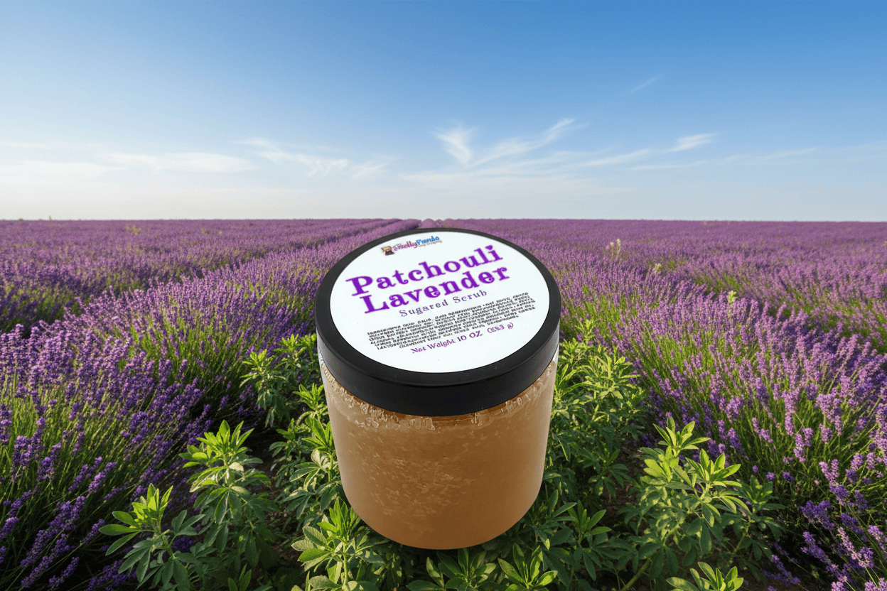 Jar of Patchouli Lavender Sugared Scrub with a black lid on a white background