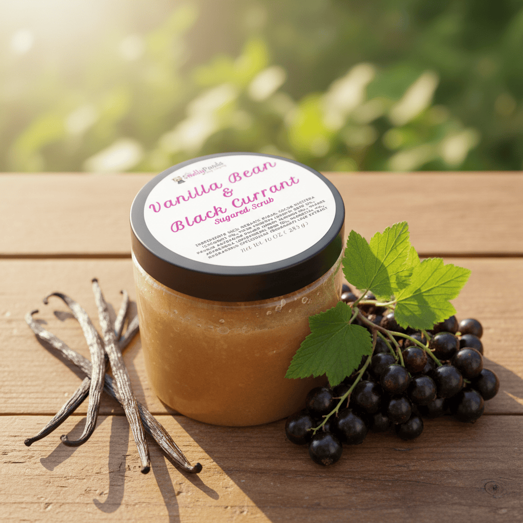 Jar of Vanilla Bean & Black Currant Sugared Scrub with a white label