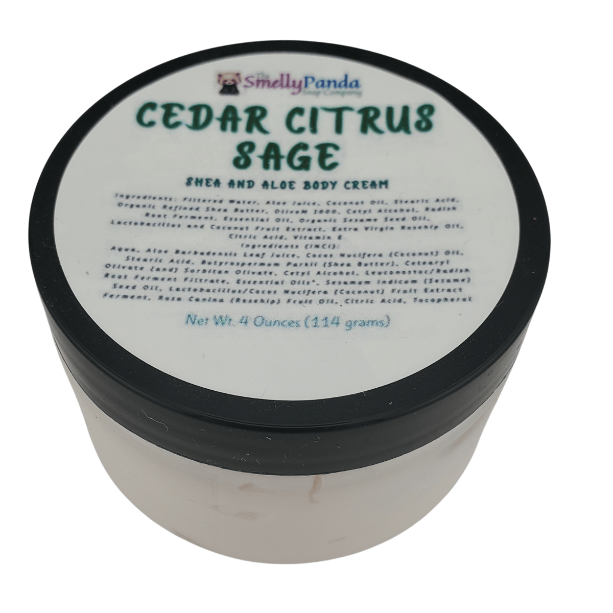 Jar of Cedar Citrus Sage shea and aloe body cream with Smelly Panda branding.