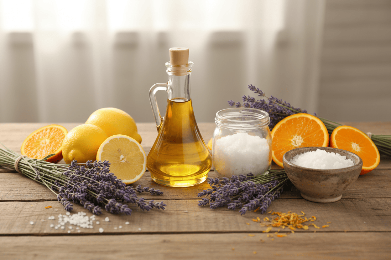 a table with ingredients like olive oil coconut oil lavender and citrus