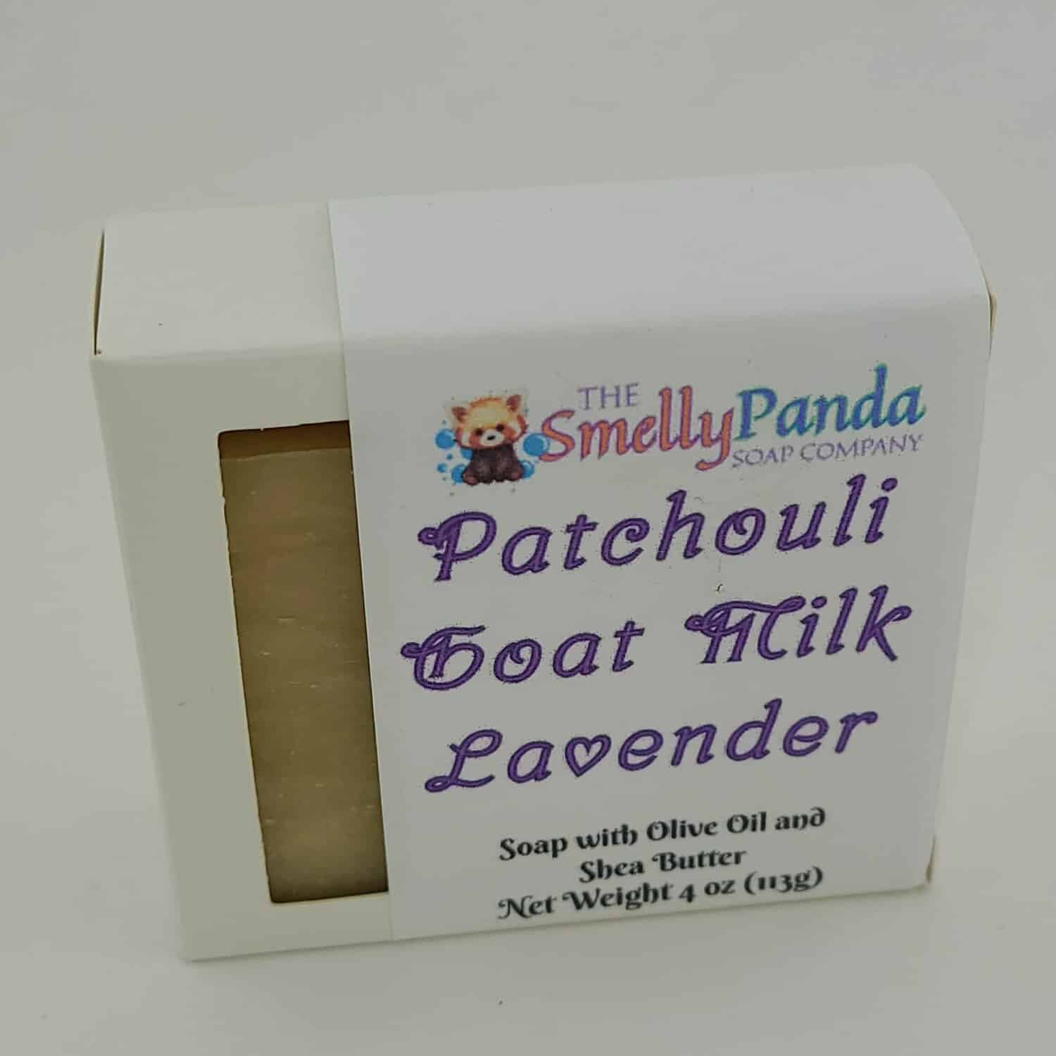 Patchouli Goat Milk Lavender soap in a white box with 'The Smelly Panda Soap Company' branding.