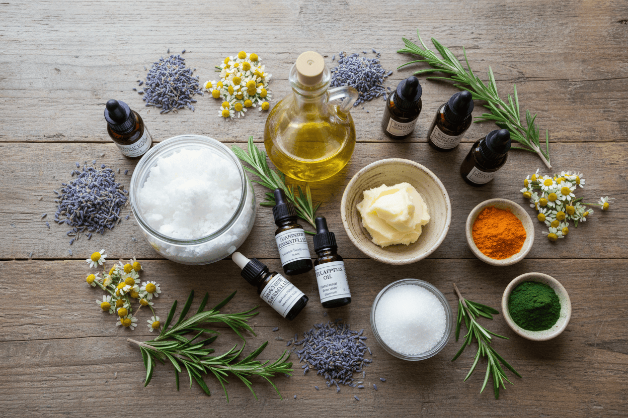 picture of ingredients use to make natural cold process soap sitting on a table